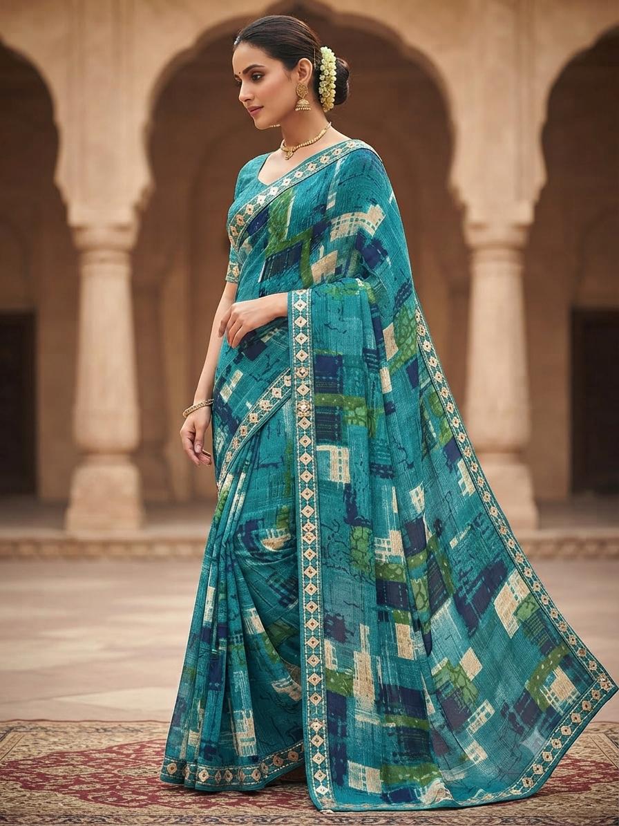 Teal printed saree with a decorative border