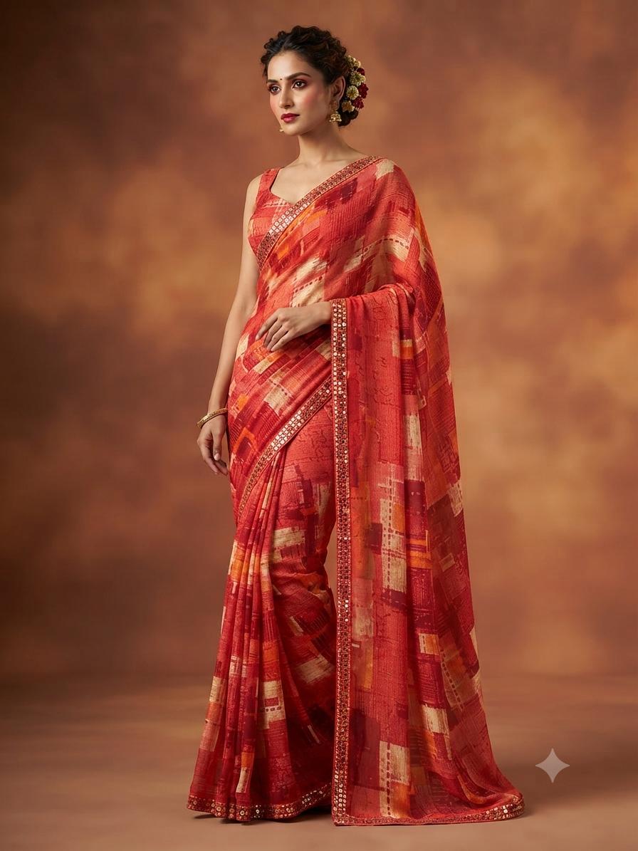 Sunset Red Printed Saree