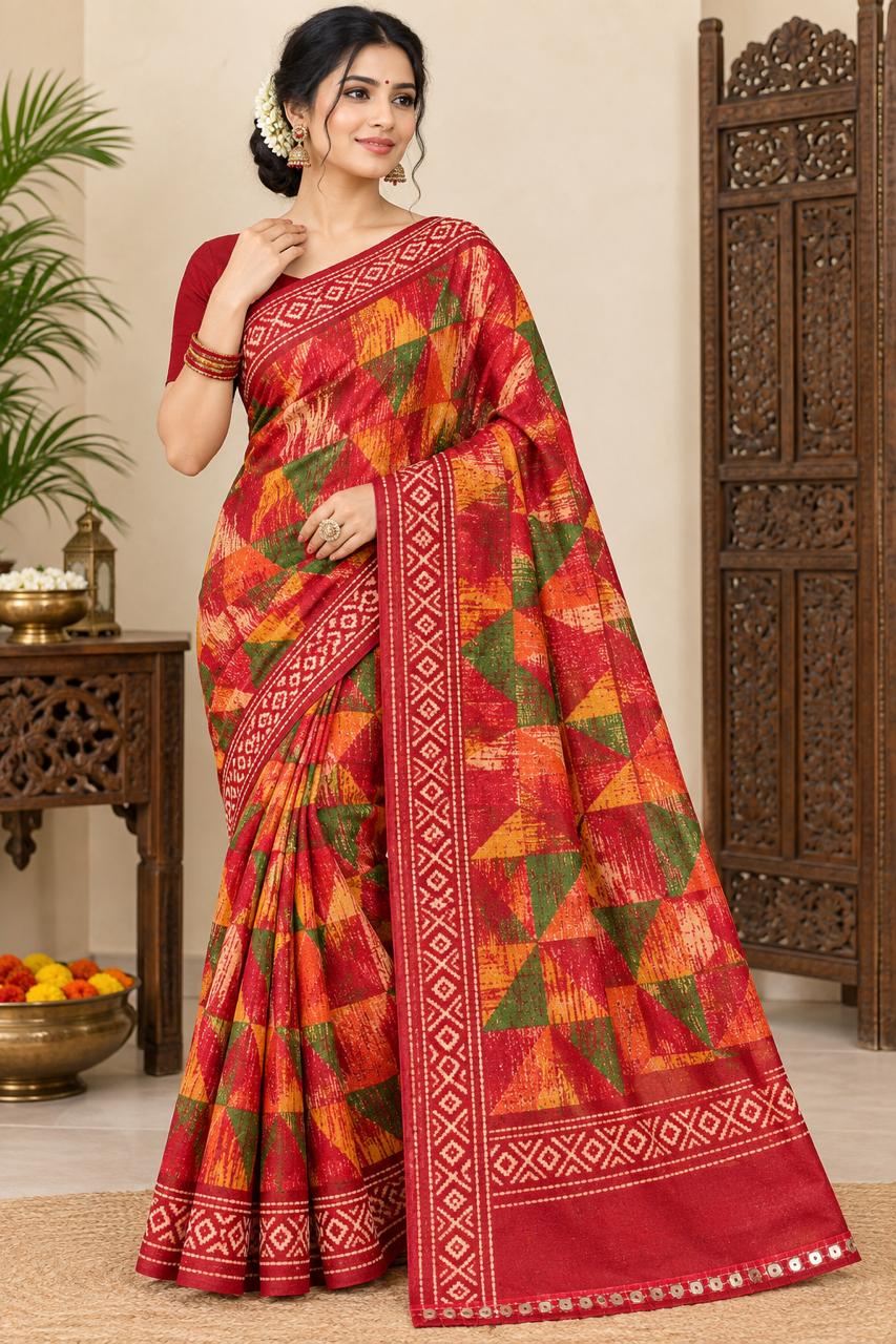 Red saree with colourful geometric print